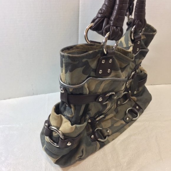 B Makowsky Kimberly Camo Green Brown Leather Shoulder Bag Hobo Large - Picture 6 of 16